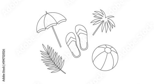 Essential beach items for a summer holiday, featuring a beach umbrella, flip-flops, palm leaf, and beach ball in black outline on an isolated white background.