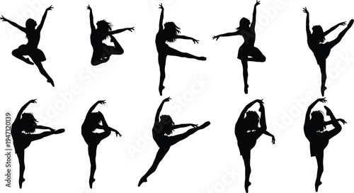 Ballet dancer silhouettes set graceful female dance poses jumping stretching flexibility performance isolated black figures collection