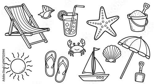 Collection of summer beach vacation items including a deck chair, sun, cocktail, starfish, and flip-flops in black outline on an isolated white background.