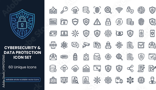 Cybersecurity and data protection line icon set with encryption firewall privacy network monitoring technology
