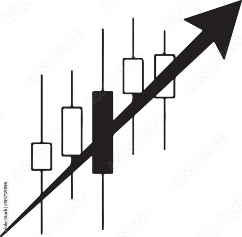 "Financial candlestick chart vector illustration with upward arrow symbolizing bullish trading trend and economic growth"