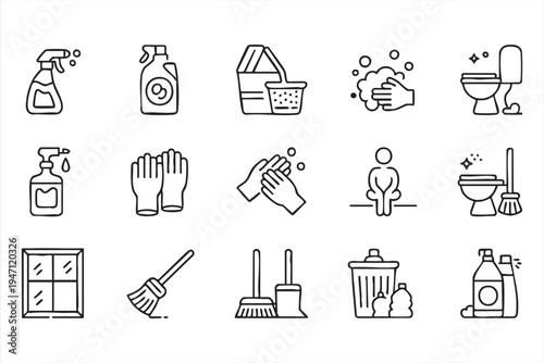 Home Cleaning and Hygiene Line Icons Featuring Mop Bucket Spray and Gloves