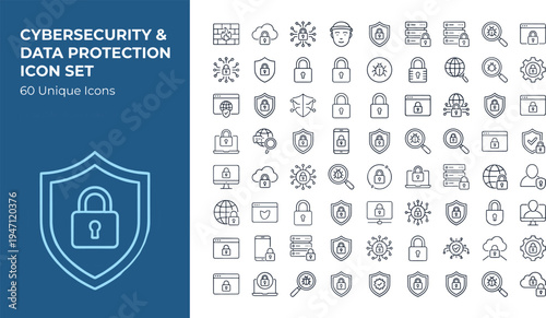 Cybersecurity and data protection line icon set with encryption firewall privacy network security symbols