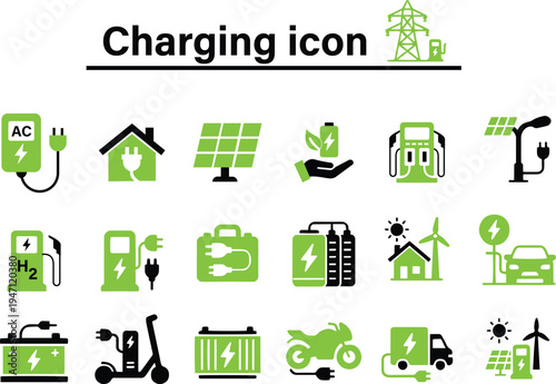Charging icon set green icon  charging station, battery, electricity, wireless charging, electric car charging point icon. Electric plug symbol. Electricity sign. power house electric pump
