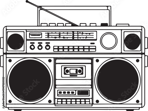 "Vintage boombox vector illustration showing retro audio device with cassette deck and speakers"