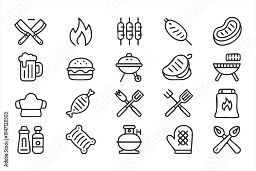 Minimal Barbecue Grill Icons Featuring Steak Burger Skewer and Outdoor Cooking Tools