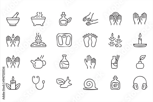 Spa Wellness and Aromatherapy Line Icon Set with Massage Hands Essential Oils and Candle Symbols