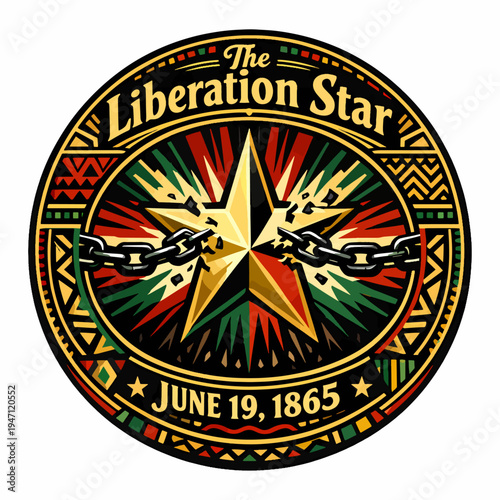 Powerful liberation star emblem with broken chains and radiant burst, commemorating June nineteenth eighteen sixty five, symbolizing freedom, resilience, justice, and equality