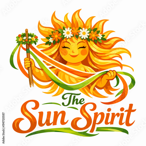 Radiant sun spirit illustration with floral crown and flowing ribbons, celebrating summer vitality, warmth, folklore, nature energy, seasonal joy, and luminous enchantment