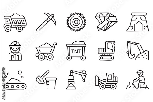 Heavy Industry Mining Vector Icons with Excavator Bulldozer Rock and Drill Symbols