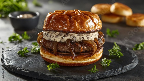 Gourmet Burger with Caramelized Onions and Creamy Sauce on Slate Serving Dish, Culinary Excellence
