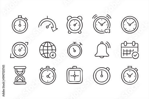 Modern Time Management Icons Featuring Stopwatch Clock Calendar and Alarm Symbols
