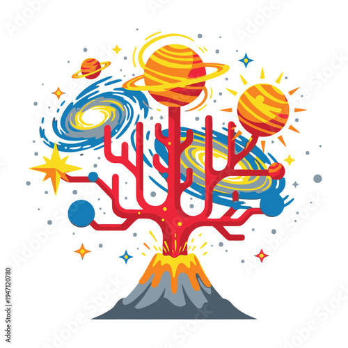 Vibrant tree erupting from volcano with planets and stars in colorful cosmic background
