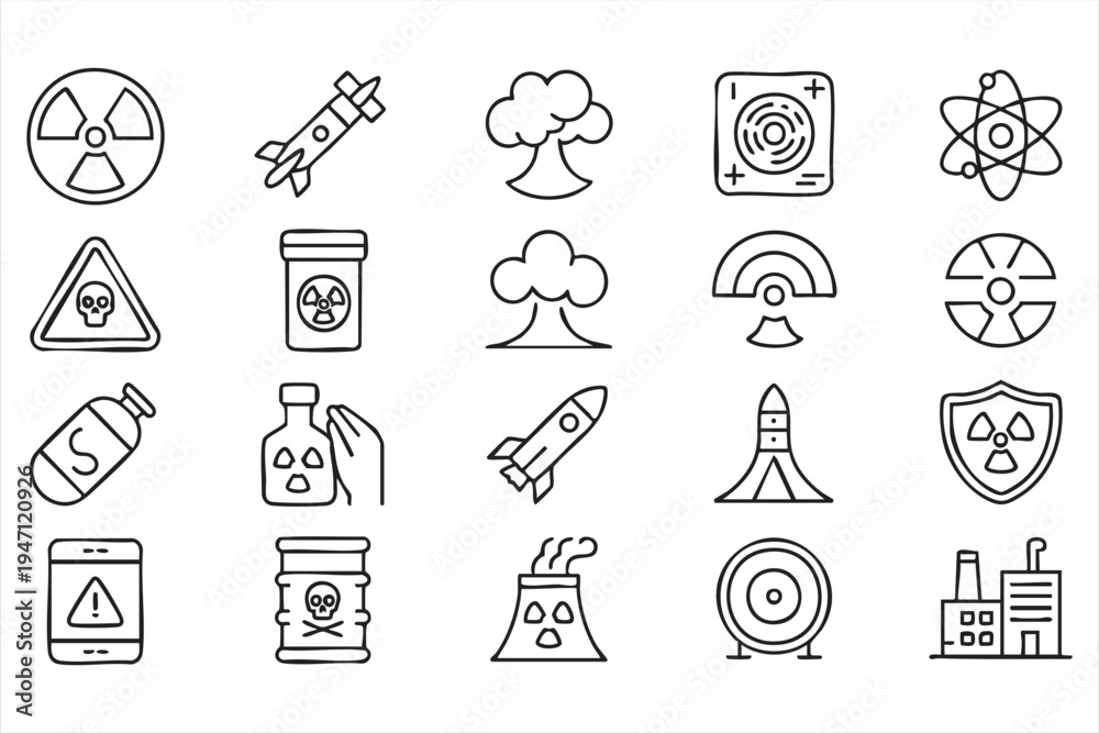 Fototapeta premium Nuclear Industry and Radiation Safety Outline Icons for Technology and Research Concepts