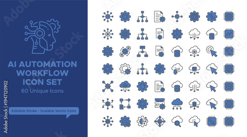 Artificial intelligence automation workflow icon set with cloud computing analytics robotics process optimization technology symbols