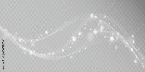 Flowing white light wave with sparkling particles on transparent background.