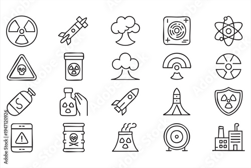 Nuclear Industry and Radiation Safety Outline Icons for Technology and Research Concepts