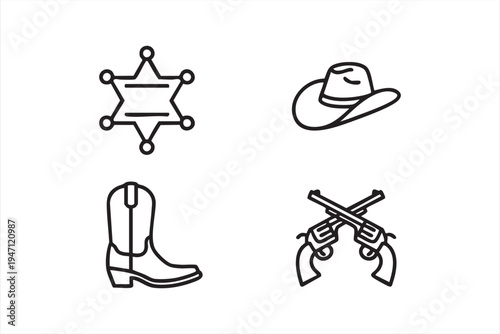 Minimal Western Cowboy Line Icons for Rodeo Frontier and American Culture Designs
