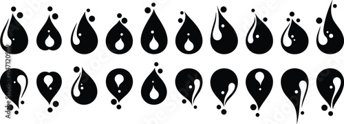 Twenty black teardrop symbol vector collection with unique internal shapes and circular dot patterns for abstract decoration and graphic design