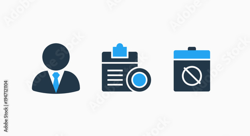 Business icons: user profile, document checklist, forbidden symbol for professional services, data management, and access control