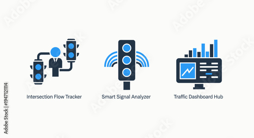 Traffic management icons: intersection flow, signal analyzer, dashboard for smart city urban planning and transport control