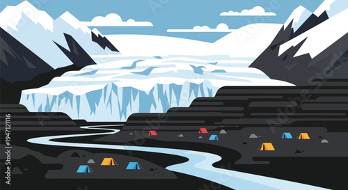 Glacier Mountain Landscape with Camping Tents and Winding River Vector Illustration