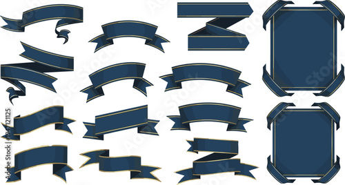 Elegant dark blue ribbon banner vector set with gold trim for certificates, awards, labels, frames, and decorative graphic design projects