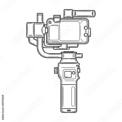 Detailed illustration of a smartphone gimbal stabilizer with accessories and controls for smooth recording