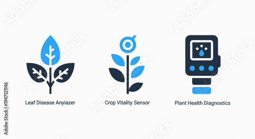 Plant health icons: leaf disease, crop vitality, plant diagnostics for agricultural research and sustainable farming technology