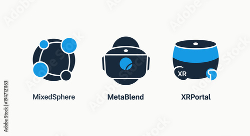 Metaverse icons: network sphere, vr headset, xr portal for virtual reality, augmented reality, and futuristic digital experiences