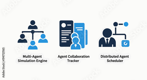 Business icons: multi-agent simulation, collaboration tracker, scheduler for AI, distributed systems, and team workflow management