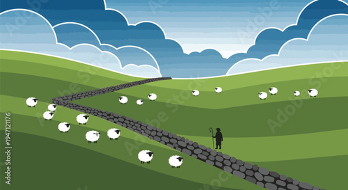 Shepherd with Flock of Sheep on Green Rolling Hills and Stone Path Vector Illustration