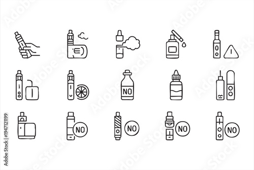 Modern Vape Device Icon Collection with Vapor Cloud E Liquid Bottle and Cartridge