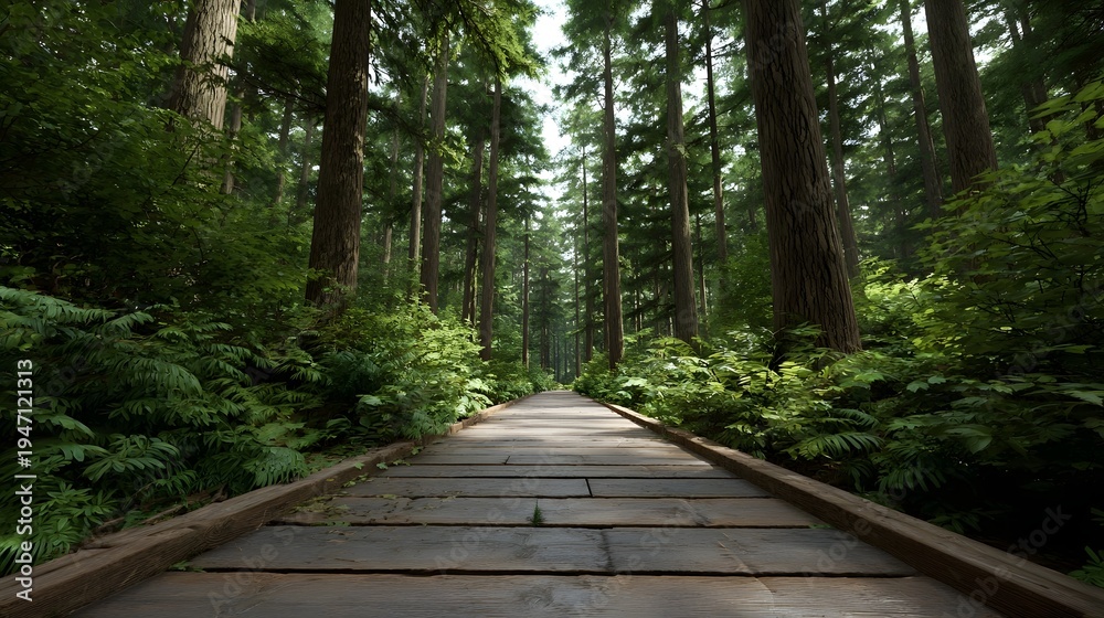 Fototapeta premium A wooden boardwalk leads through a tranquil lush green forest with tall trees