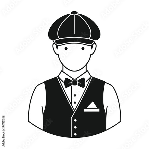 Simple black and white illustration of a man wearing a bow tie and newsboy cap with vest
