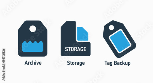 Archive and storage icons including file, tag, and data backup concepts