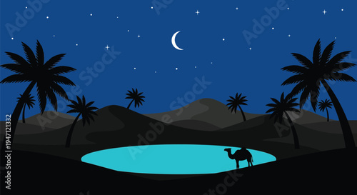 Desert Oasis Night Scene with Camel Palm Trees Crescent Moon and Starry Sky Vector Illustration