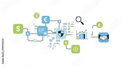 Secure Financial Flow: Business Transaction Ecosystem, Data Analysis, Risk Management, and Global Currency Exchange Concept Illustration.