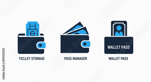 Wallet and pass management icons: ticket storage, card holder, and digital wallet