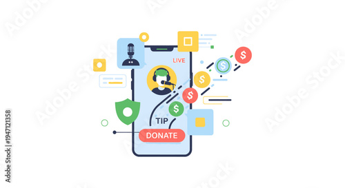 Digital Tipping and Donation Concept for Live Streaming. Mobile app interface showing a broadcaster receiving online financial support.