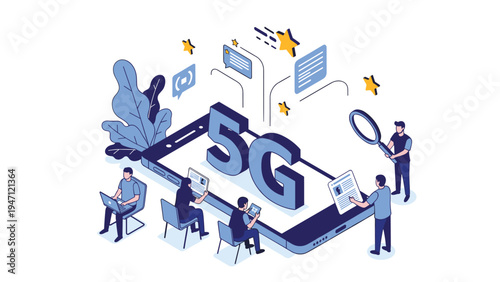Diverse team of professionals working around giant 5G symbol on smartphone depicting high speed network impact.