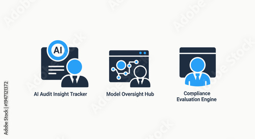 Ai and compliance icons for auditing, model oversight, and evaluation systems