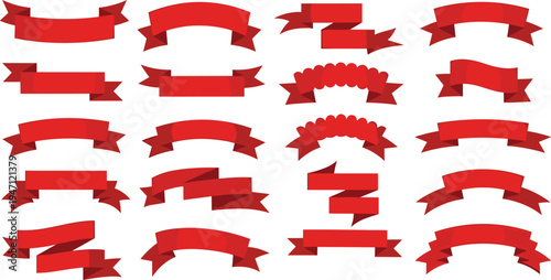 Twenty red ribbon banner vector collection with curved, folded, wavy, arched, scalloped decorative designs for graphic design and branding