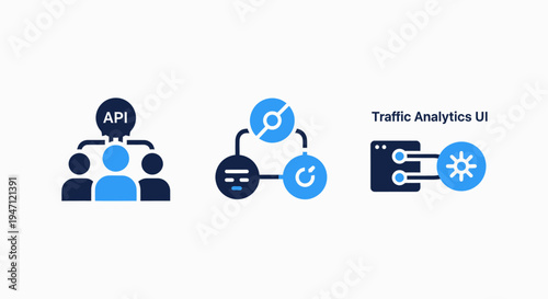 Api and traffic analytics icons for data flow, users, and network monitoring