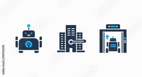 Robot icon with building and elevator icons for technology and automation concepts with artificial intelligence