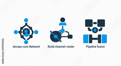 Devops icons, network architecture, pipeline and router symbols for software development and it operations