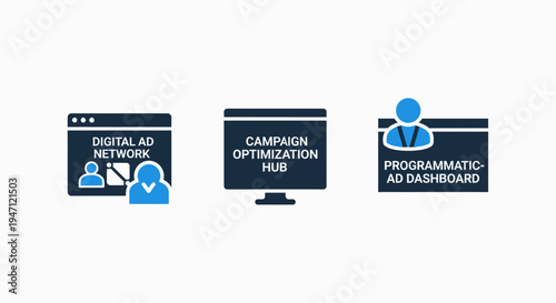 Digital marketing icons, ad network, campaign hub, and programmatic dashboard symbols for online advertising
