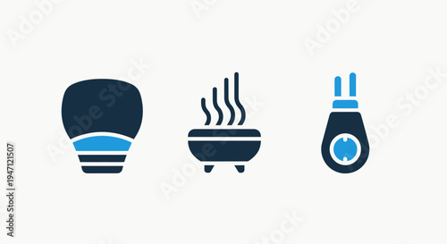 Collection of three minimalist flat icons representing light bulb, incense burner with smoke, and a dropper bottle in blue and dark blue, flat design, white background