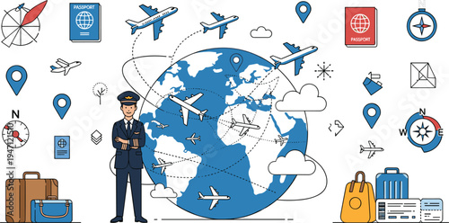 Air Travel and Global Aviation Concept Vector Illustration with Pilot, Airplanes, World Map, Navigation Icons, Passport, Luggage and Flight Routes