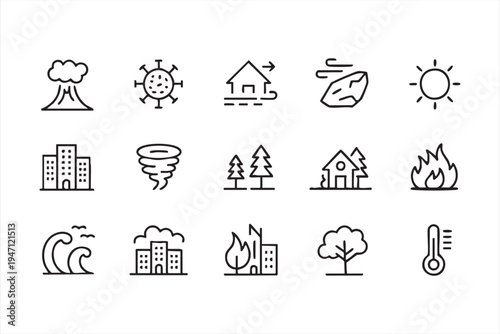 Natural Disaster Climate Hazard Line Icon Set with Volcano Tornado Flood and Wildfire